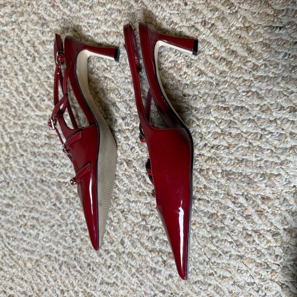Steve Madden Liana Wine Red Patent Multi Strap Slingback Kitten Heel Pumps 8.5M - Picture 8 of 9
